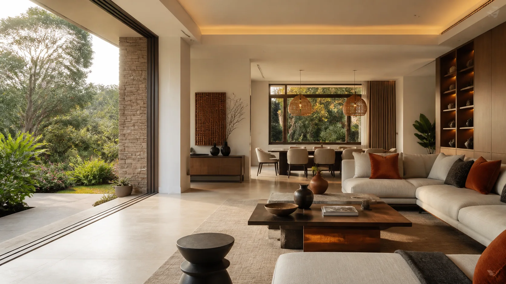 Warm contemporary living room with natural textures, pendant lighting and garden views